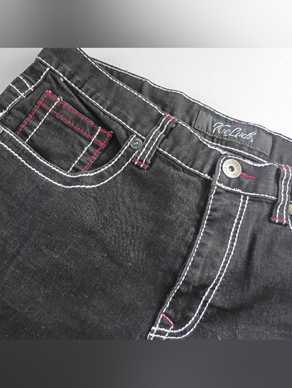 Men's True Luck Black Straight Jeans with Contrast White Stitching 36/32